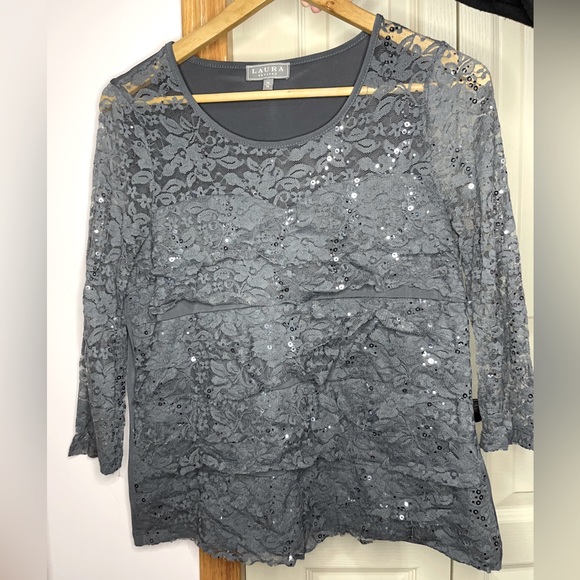 Laura Petite Grey with Silver Metallic Sequence Detailing Lace Ruffles - Picture 1 of 5
